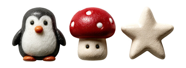 Wall Mural - Cute Isolated Penguin Mushroom and Star-Shaped Figurines on Transparent Background