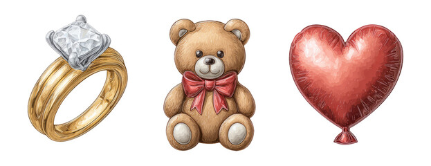 Wall Mural - Elegant Engagement Ring, Cute Teddy Bear, and Red Heart Balloon Isolated Image