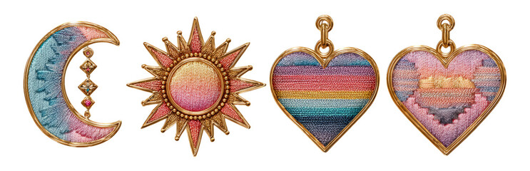Wall Mural - Colorful Embroidered Pendants with Moon, Sun, and Heart Designs