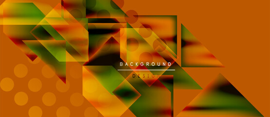 Wall Mural - Abstract geometric shapes, vibrant colors, orange dominates. Modern design with text elements, dynamic composition. Background features gradients, triangles, circles.