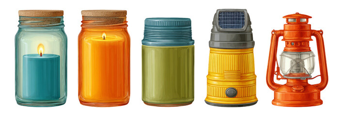 Wall Mural - Colorful Collection of Candle Jars and Lanterns on Transparent Background