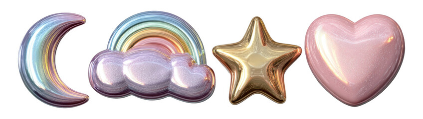Wall Mural - Colorful Metallic Shapes Including Moon, Rainbow, Star and Heart Objects