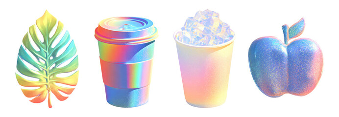 Wall Mural - Colorful Isolated Objects Featuring Leaf, Drink Cups, and Apple Shape Design
