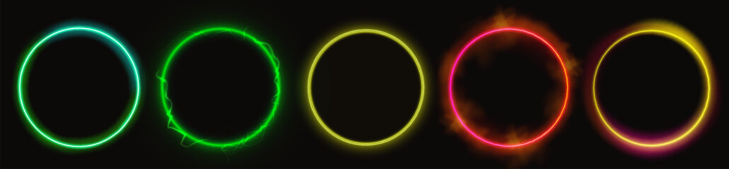 Wall Mural - Neon halo light ring collection with glowing green, yellow and red on black background. Circular frames with electric illumination effects for futuristic design. Luminous borders with vibrant glow.