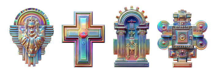 Wall Mural - Colorful Iridescent Shapes with Decorative Elements on Transparent Background