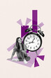 © deagreez - Pop art image poster 3d banner collage of happy businesswoman stand alarm clock expire limit hand point timetable regime