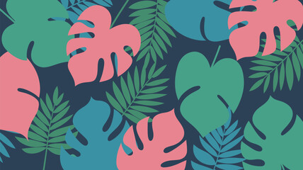  A seamless pattern of colorful tropical leaves on a dark background in a flat design style art