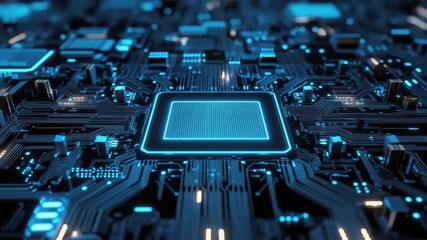 Wall Mural - Futuristic Blue Circuit Board Design Illuminated with Neon Light Effects, Abstract Technology Background for Digital Innovation Concept and Future Computing