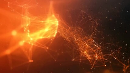 Wall Mural - Abstract digital background with glowing particles and connected lines resembling cosmic structures in vibrant orange hues for modern design projects