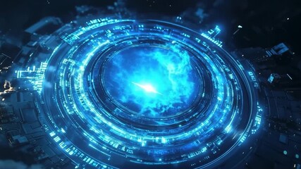 Wall Mural - Futuristic Space Portal with Glowing Blue Light Emitting Energy amidst Stars and Cosmic Surroundings in a Sci-Fi Landscape