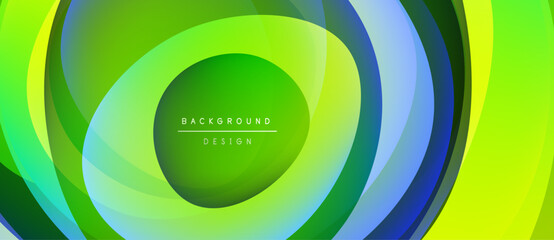 Wall Mural - Abstract circular layers, vibrant green, blue hues. Modern design, smooth gradients create dynamic visual effect. Center text reads background design.