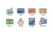 © Melanie - Finance concept icons with debit card, credit card, money cash, piggy bank savings, budget calculator, mobile payment digital transaction vector set