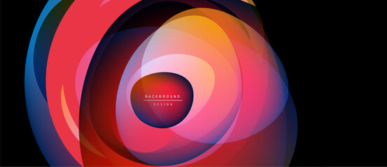 Wall Mural - Abstract colorful layers create dynamic circular design. Gradient hues blend, forming modern visual impact. Minimalist text present.