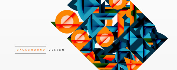 Wall Mural - Abstract geometric design. Blue, orange, black shapes overlap creating dynamic composition. Minimalist style, modern aesthetic.