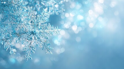 Christmas blue snowflake decoration, sparkling with bokeh background, winter holiday scene, copy space.