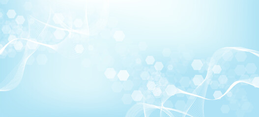 Wall Mural - Modern scientific background with hexagons, lines and dots. Wave flow abstract background. Molecular structure for medical, technology, chemistry, science. Vector illustration