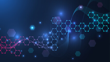 Wall Mural - Health care or medical abstract background with hexagons, lines and dots. Scientific innovation banner template concept. Biology and pharmaceutical technology background. Vector illustration.