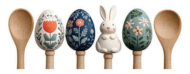 Wall Mural - Colorful Decorative Easter Eggs with Wooden Spoons and Rabbit Figurine
