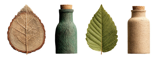 Unique Bottles with Leaf Designs on Transparent Background for Creative Use