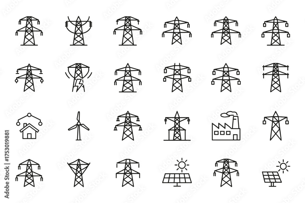 Power line and electricity icon set. High voltage energy transmission ...