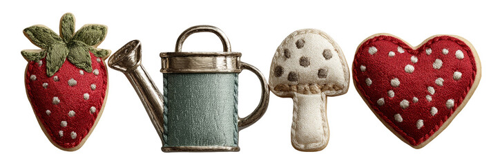 Wall Mural - Colorful Embroidered Patches of Strawberry, Watering Can, Mushroom, Heart
