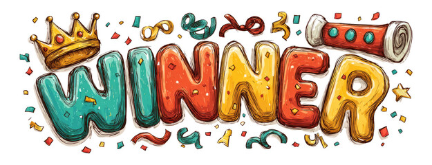 Wall Mural - Colorful Winner Celebration Sign with Confetti and Crown Elements