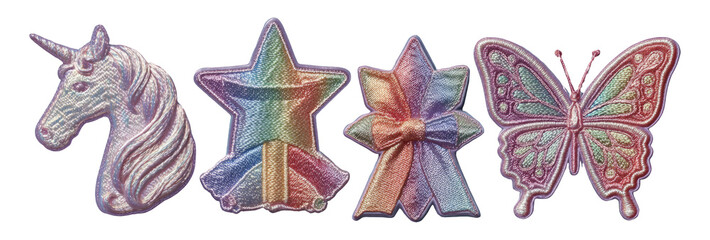Wall Mural - Iridescent Unicorn, Star, Bow, and Butterfly Icons on Transparent Background