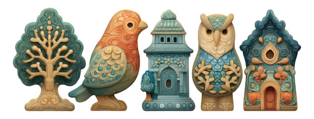 Wall Mural - Colorful Decorative Objects featuring Bird, Owl, Tree and House Designs
