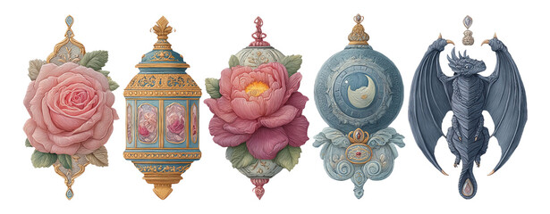Wall Mural - Decorative Elements Featuring Roses, Lanterns, and a Dragon Illustration