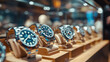 © syhin_stas - Display case filled with luxury watches, blurred watches in the background, elegant store interior, high-end shopping scene, copy space