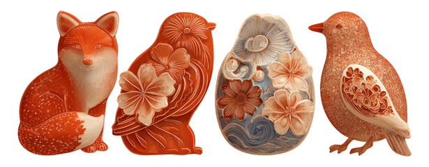 Wall Mural - Elegant Ornamental Figures Featuring Fox, Bird, and Floral Designs