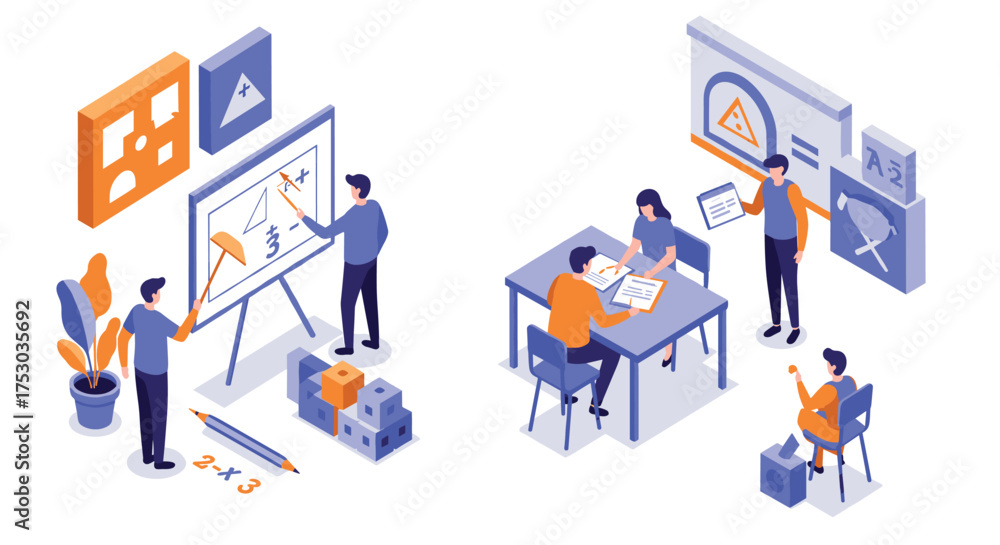 Isometric classroom scene with teachers and students in educational ...