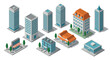 © Ophelia - Diverse set of isometric buildings including skyscrapers, office complexes, and residential structures