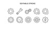 © Roann - Gear settings line icon set. Editable stroke. Vector cogwheel for configuration, maintenance, repair. Mechanical process and setup tool symbol. Engineering and technical icons.