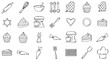 © Ronn - Baking and pastry line icon set. Kitchen utensils for cooking desserts. Vector outline collection of doodle elements like mixer, whisk, cake, cupcake, and rolling pin.