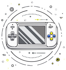 Digital gaming console illustration portable device with screen and control buttons surrounded by abstract elements