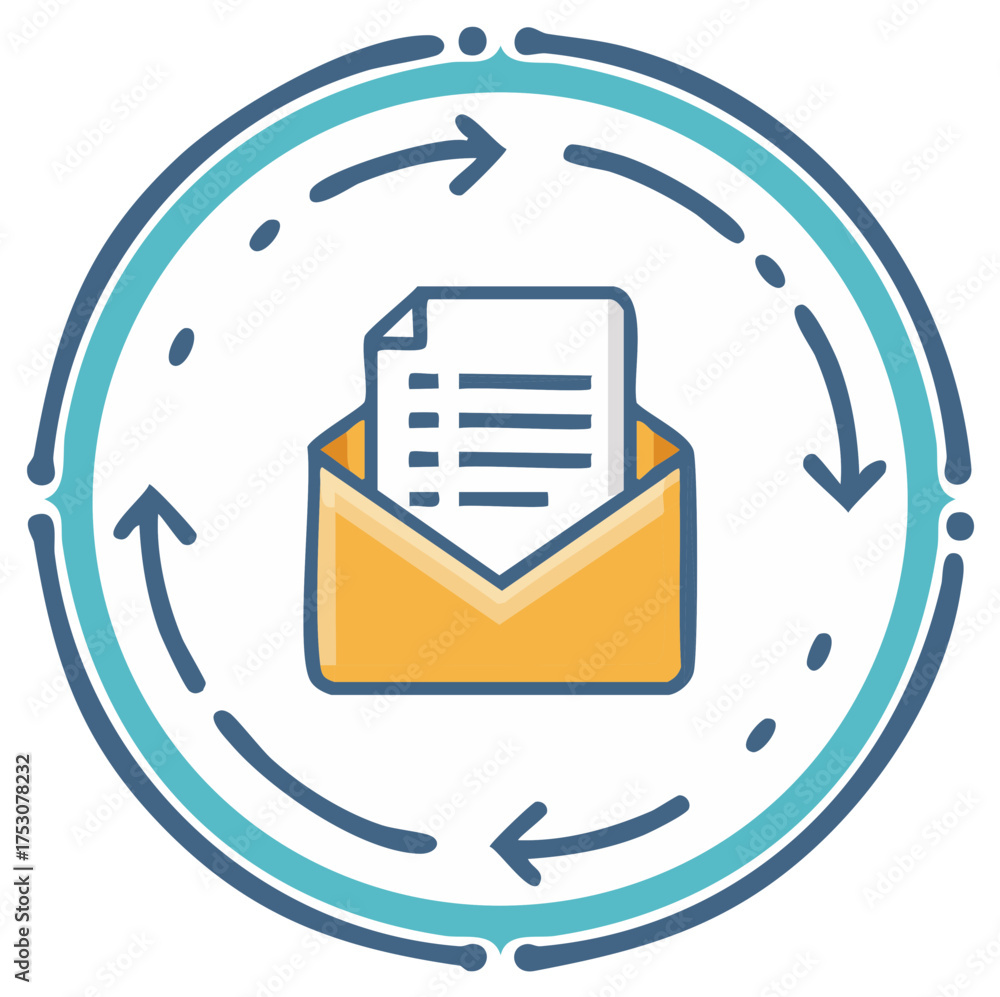Automated email workflow icon with a letter in an envelope and circular ...
