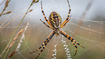 Macro Close-up of a Detailed Orb Weaver Spider on its Intricate Web	
