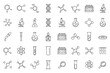 © Jensen - Science and chemistry thin line icon set. Laboratory and scientific research equipment. Vector icons of molecule, atom, DNA, microscope, test tube, flask for education.