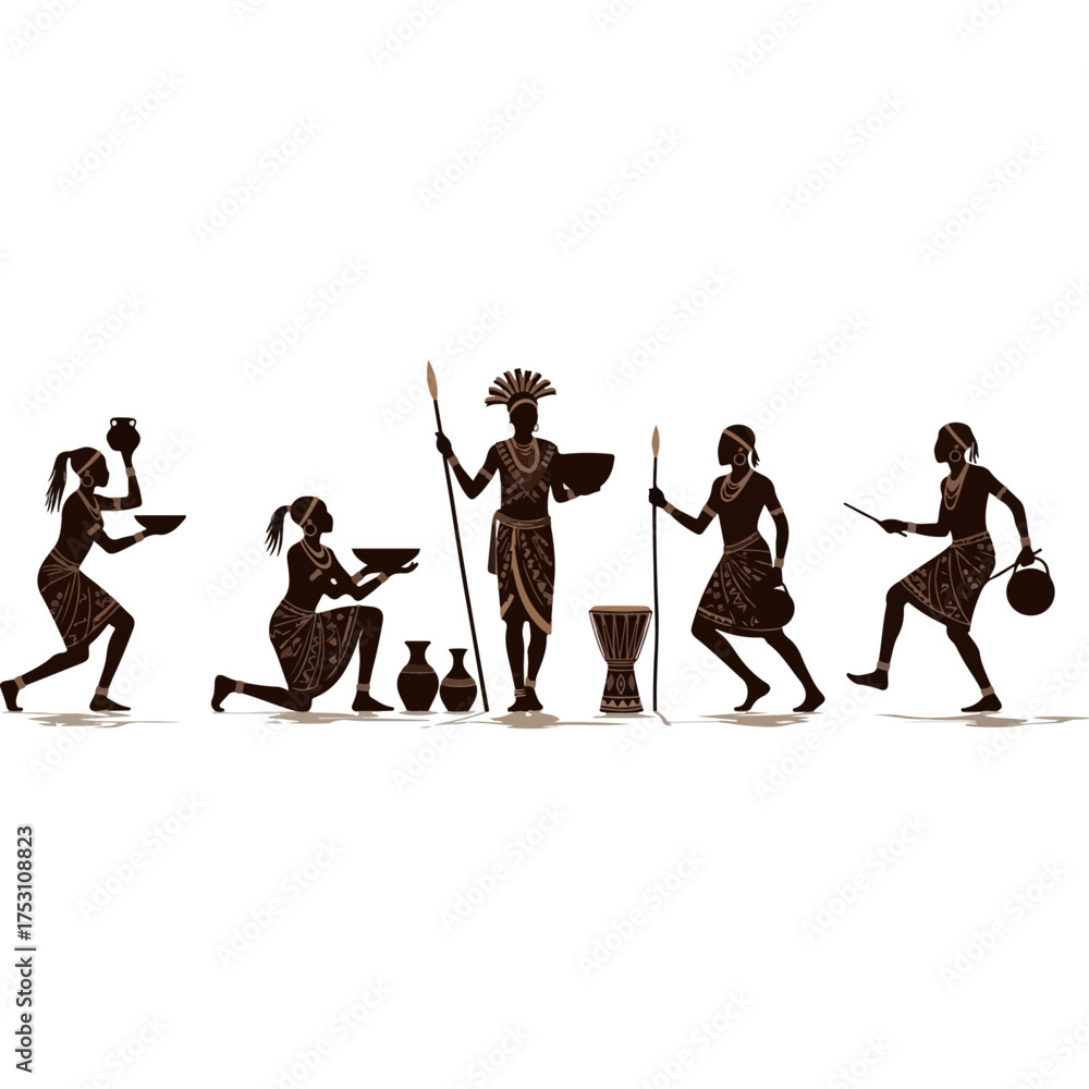 African tribal people in traditional attire performing a ritual dance ...