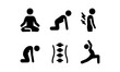 © ieps - Black icons of yoga and back pain relief exercises featuring spine health