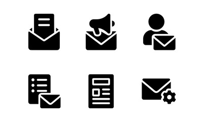 Silhouette email icons set: envelopes, notification, contacts, documents and settings