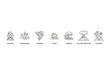 © Kristine - Natural disaster icons set including wildfire, earthquake, tornado, flood, tsunami, volcanic eruption, blizzard. Line style vector symbols representing severe weather and environmental hazards
