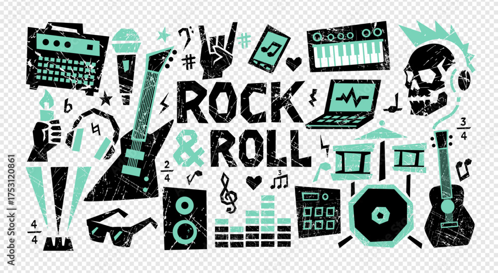 Crayon music sticker rock drawn hand punk style collage with