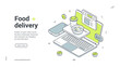 © provectors - Food delivery internet menu service laptop contoured isometric web banner design template vector illustration. Order meal dish online shop cafe restaurant cyberspace computer smartphone technology