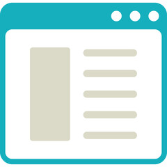 A simple flat design icon representing a web browser window with a document layout showing a sidebar and a list of items in light beige and turquoise colors on a transparent background