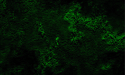 Digital matrix rain with vertical green code lines of dots on black background. Vector halftone illustration