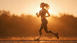 © halcon1 - Athletic woman with prosthetic running blades jogging at sunrise. Inspiring scene of determination, strength, and fitness, symbolizing motivation, resilience, and empowerment