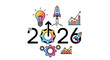 © Bening - New year 2026 concept with business growth icons, idea bulb, rocket launch, gears, and upward trending graph