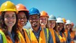 © Pete - Diverse group of construction workers in hard hats, vests smile together on sunny day. Appear happy, ready to work on building project. Teamwork, collaboration evident in cheerful faces.